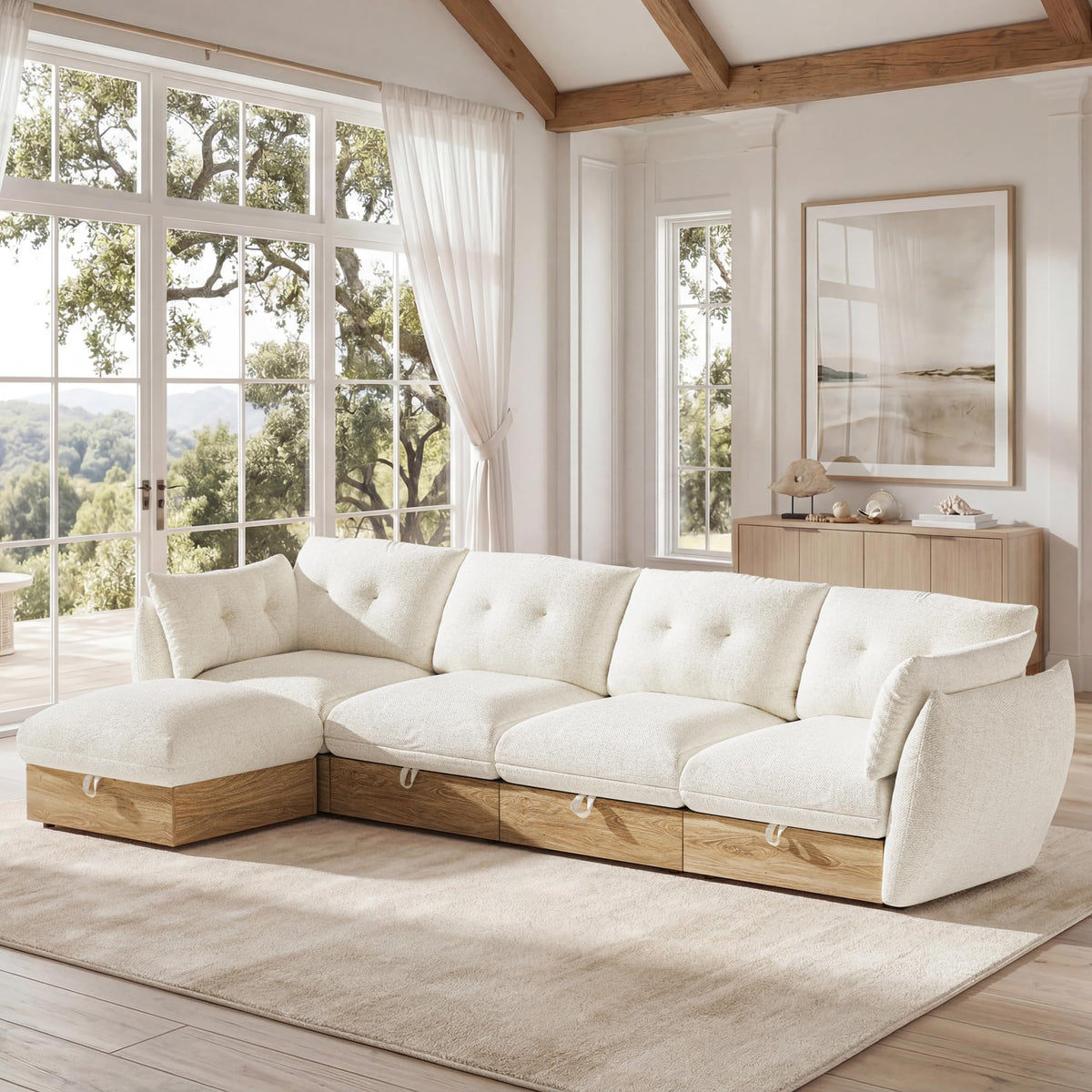 134" L Shaped Cloud Couch Sectional Modular Sofa with Storage, Modular Deep Seat Couch Oversized Sofa with Ottoman, Armrest Pillow, Easy Assembly for Living Room, Apartment, Office, Ivory