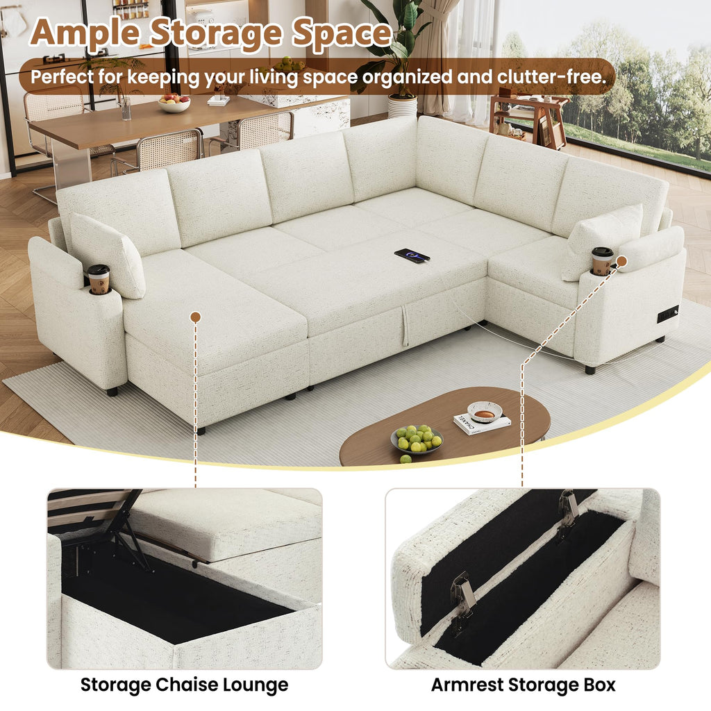 109.9" Sectional Sofa Sofa Bed Sofa Sleeper U Shaped Sofa with Ample Storage Space, Two Cup Holders and Charging Ports for Living Room, Beige