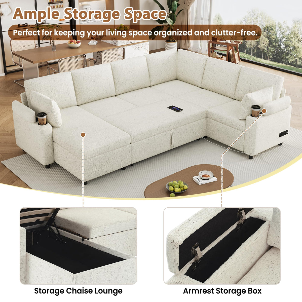 109.9" Sectional Sofa Sofa Bed Sofa Sleeper U Shaped Sofa with Ample Storage Space, Two Cup Holders and Charging Ports for Living Room, Beige