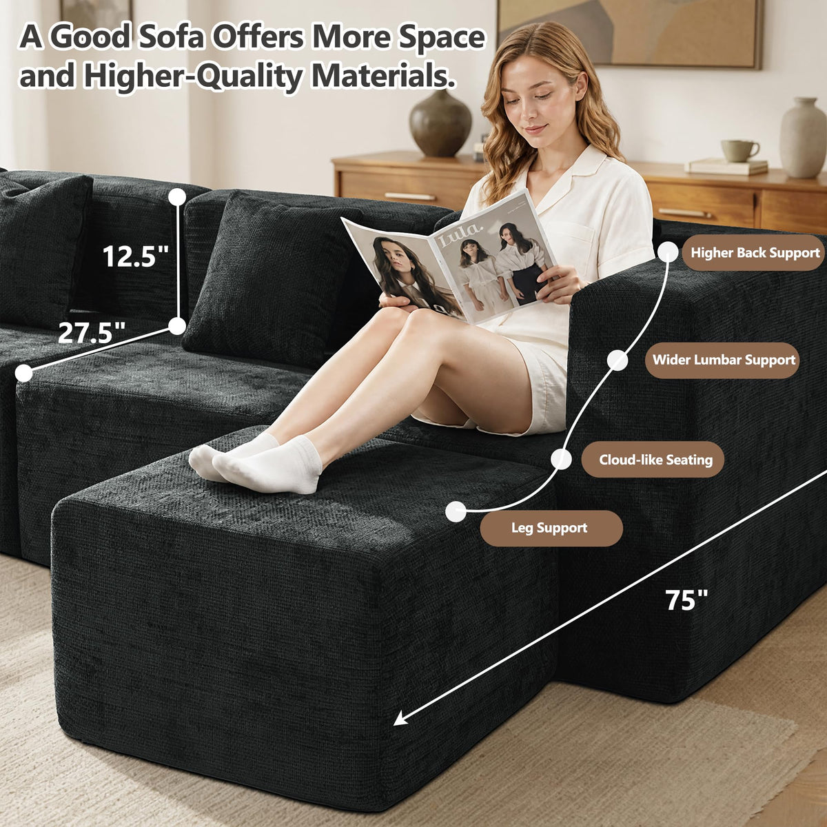 103" Three-Layer Sponge Boneless Couch sectional for Living Room Modular sectional Sofa High-Back 4-Seater L-Shape Couch with Ottoman Memory Foam Waterproof Chenille Black
