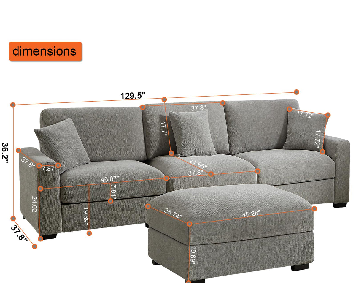 130 Inch Sectional Couch Modular Sofa with Ottoman Cloud Like Comfort 3 Seater Oversized Cloud Couch with Extra Large Chaise Chenille Fabric L Shaped Home Sofa for Living Room,Apartment(Gray)