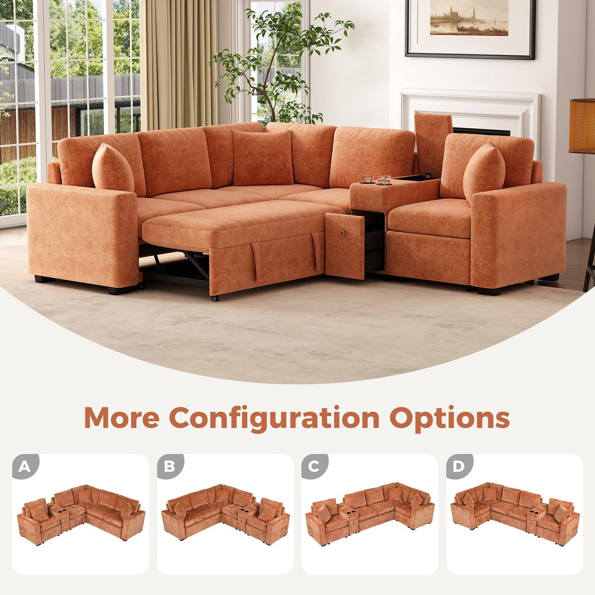 120.5" L-Shaped Modular Sectional Sofa with Convertible Sofa Bed, Reversible Sleeper with Pull-Out Bed, Cup Holders and Ample Storage Space for Living Room