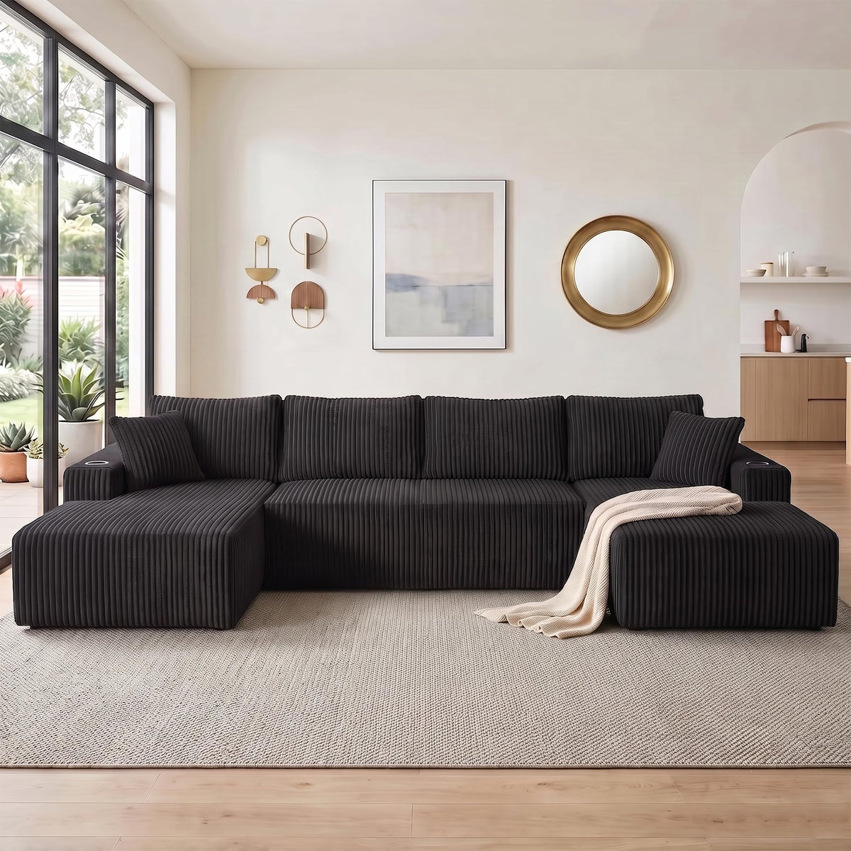 134" Modular Sectional Sofa Couch, Oversized U Shaped Boneless Couches with Side Pockets & Cup Holders, 4-Seater Modern Deep Seat Corduroy Sofa for Living Room, No Assembly, Black