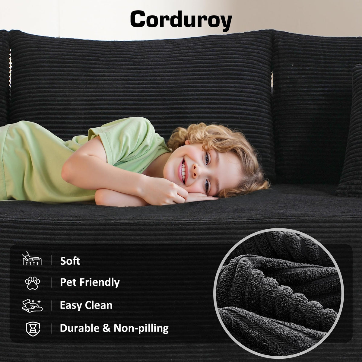 106" Cloud Sectional Couch with Chaise Lounge,L Shaped Modular Modern Sofa,Comfy Corduroy Fluffy Sofa with Deep Seat,No Assembly Required Couch for Living Room(Left,Stripe Corduroy,Black)