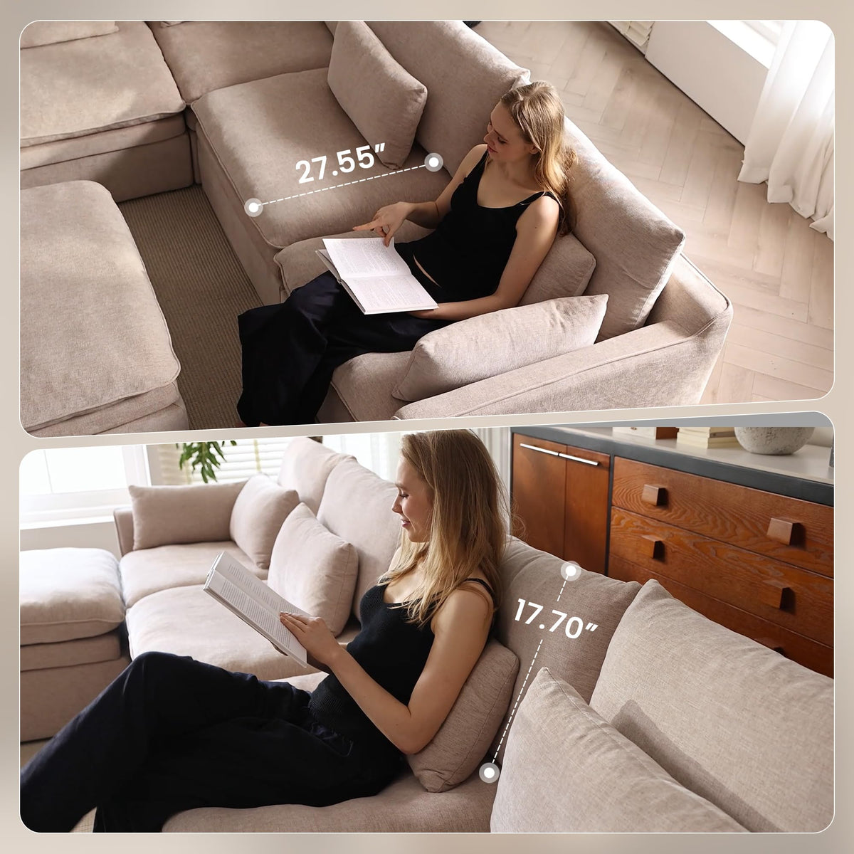 WJShome Oversized Modular Sectional Sofas, Modern Deep Seat 7-Seater Sectional Couches for Living Room, Modular Sofa with Recliner Ottoman, Solid Wood Frame, Cover Washable & Replaceable, Khaki