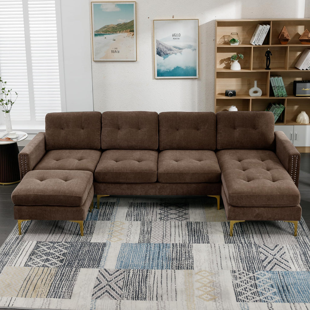 110.6" Velvet Sectional Sofa Couch with Chaise Lounge & Ottoman for Living Room, Modern Contemporary L-Shaped 4-Seat Tufted Sofa Couch for Apartment Office, Strong Metal Leg, Brown
