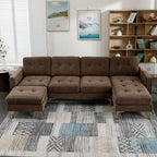 110.6" Velvet Sectional Sofa Couch with Chaise Lounge & Ottoman for Living Room, Modern Contemporary L-Shaped 4-Seat Tufted Sofa Couch for Apartment Office, Strong Metal Leg, Brown