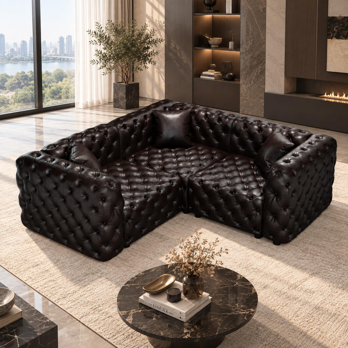 106" L Shaped Faux Leather Couch, Chesterfield Sofa Set-Dark Brown