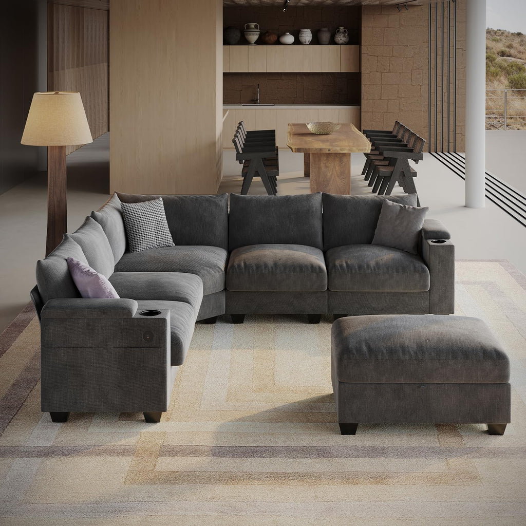107.1" L-Shaped Modular Sectional Sofa with Storage Ottomans, 6-Seat Deep Seat Sofa with Armrest Storage, Cup Holders & USB Type-C Charging, Sectional Couches for Living Room (Grey)