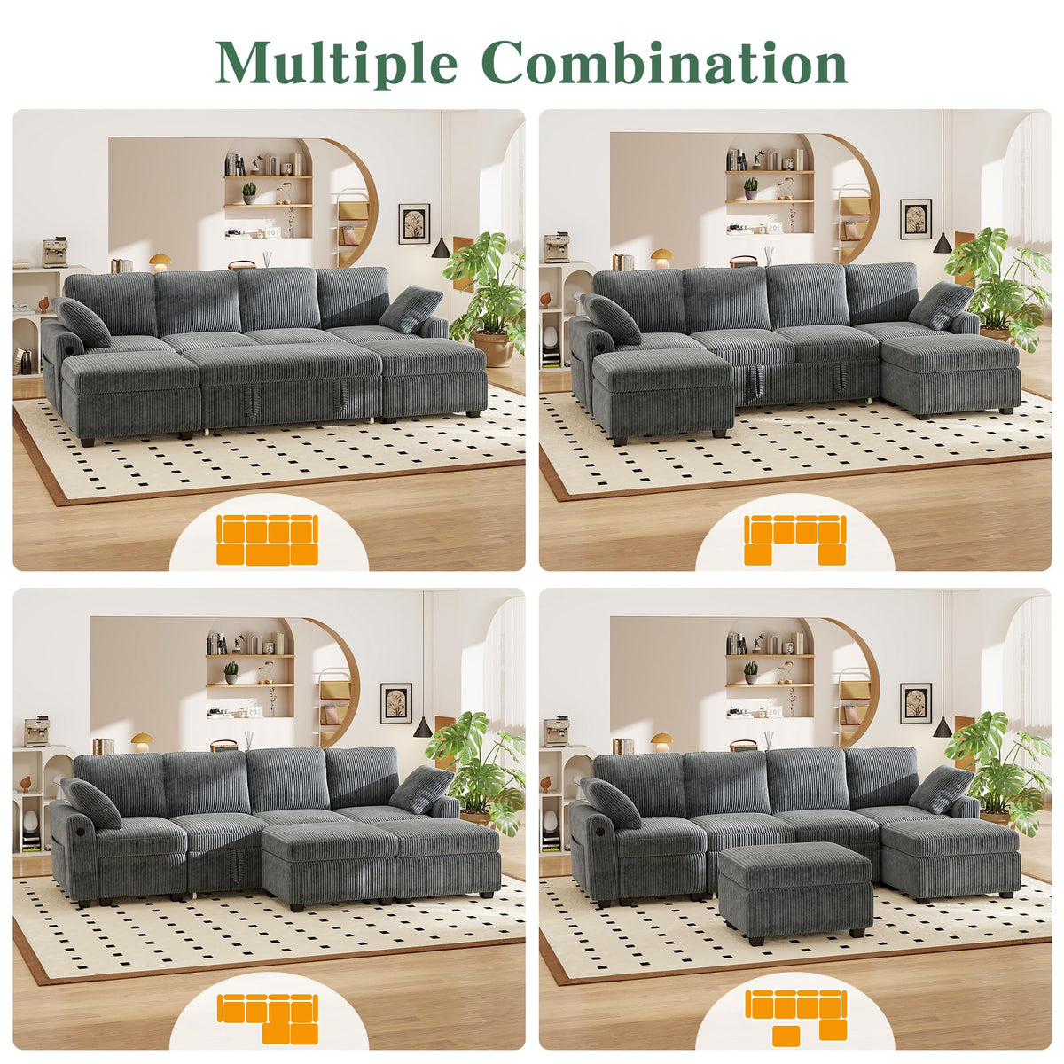 WorthFurni 104" Oversized 6 Seat L Shaped Sectional Sofa, Corduroy Convertible Couch with Pull Out Bed, Movable Storage Ottoman, USB Port, 2 Pillows & Storage Pocket for Living Room（Gray）