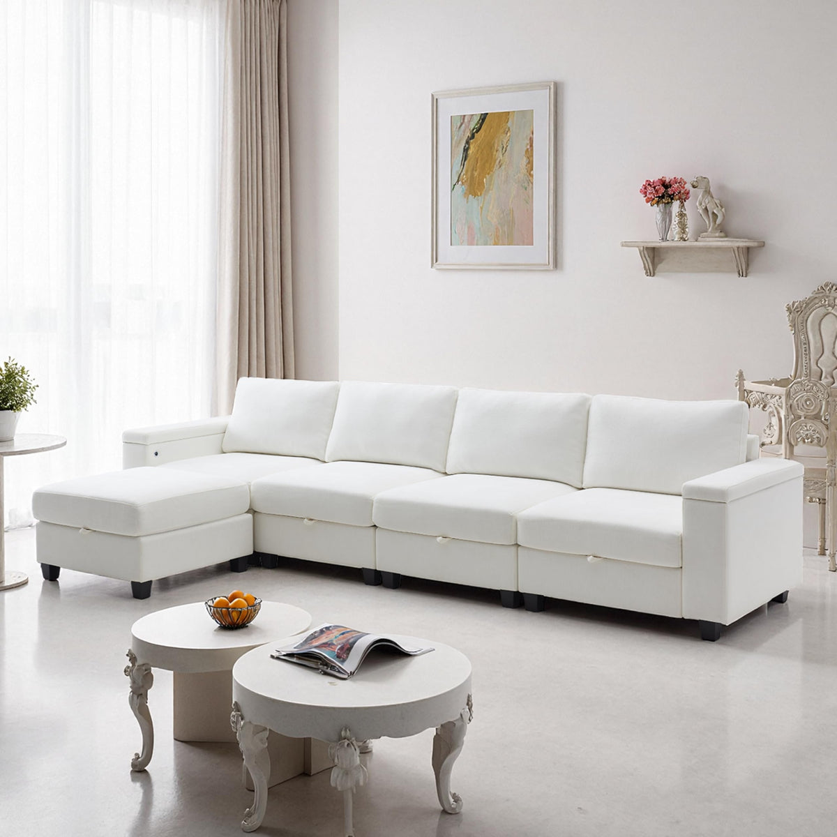 131" White Modular Storage Sofa with Ottoman USB,Type C Ports, Chenille Fabric, Sleeper Function Easy Assembly
