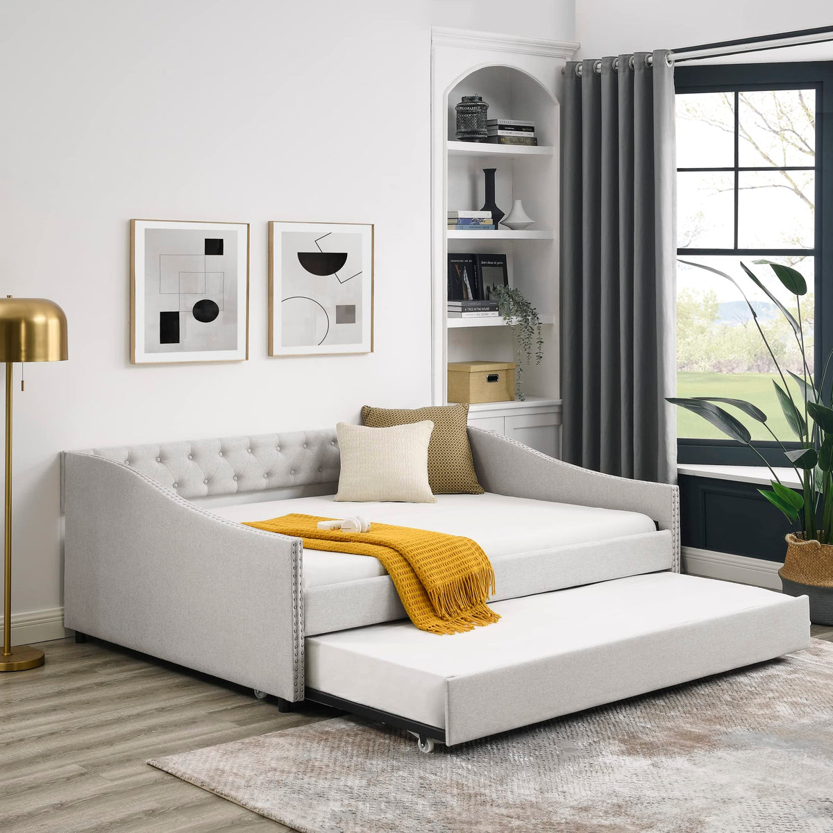 Versatile Daybed with Pull-Out Trundle, Textured Fabric Upholstery