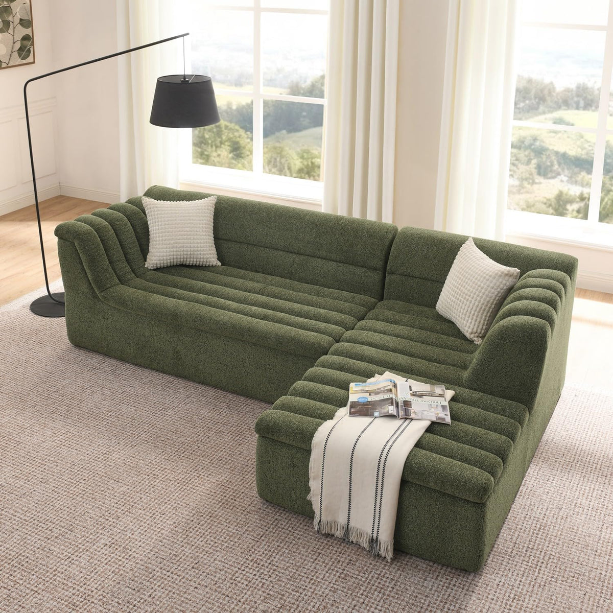 XIAO WEI 106" Modular Sectional Sofa with Chaise, Sage Green Chenille Fabric L-Shaped Couch with Wave-Shaped Armrests, Modern Minimalist Boneless Floor Sofa for Living Room, Apartment & Playrooms