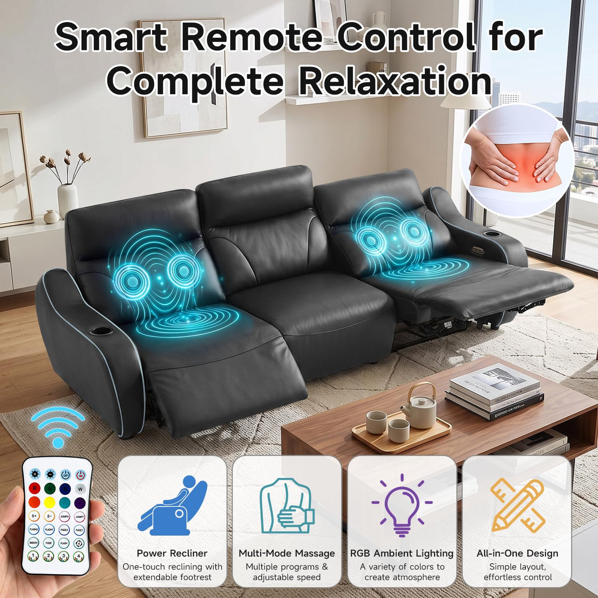 105" Genuine Leather Power Recliner Sofa, 3-Seat Zero Gravity Couch with Massage Backrest, Electric Recliner Couches with USB Ports Cup Holders & USB Charging Ports & LED Light Strip, Black