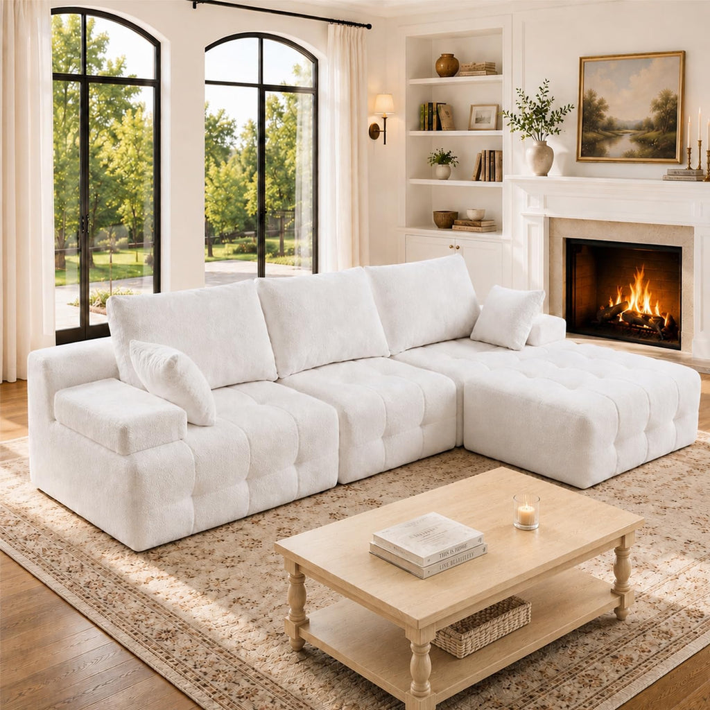 110" Cloud Sectional Couches for Living Room,Modern Convertible L-Shape Couch with Ottoman 3 Seater Chenille Fabric Comfy Cloud Couches with Movable Ottoman(Beige)