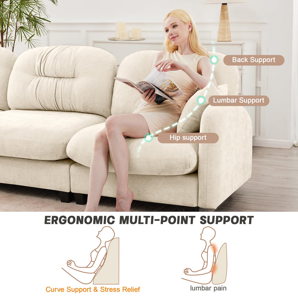 Tidyard Cloud Sectional Couch in Beige, Premium Chenille Fabric with Tufted Backrest & Throw Pillows, Modular Design for Living Room, Easy Assembly, Soft High-Density Foam, Ergonomic Comfort