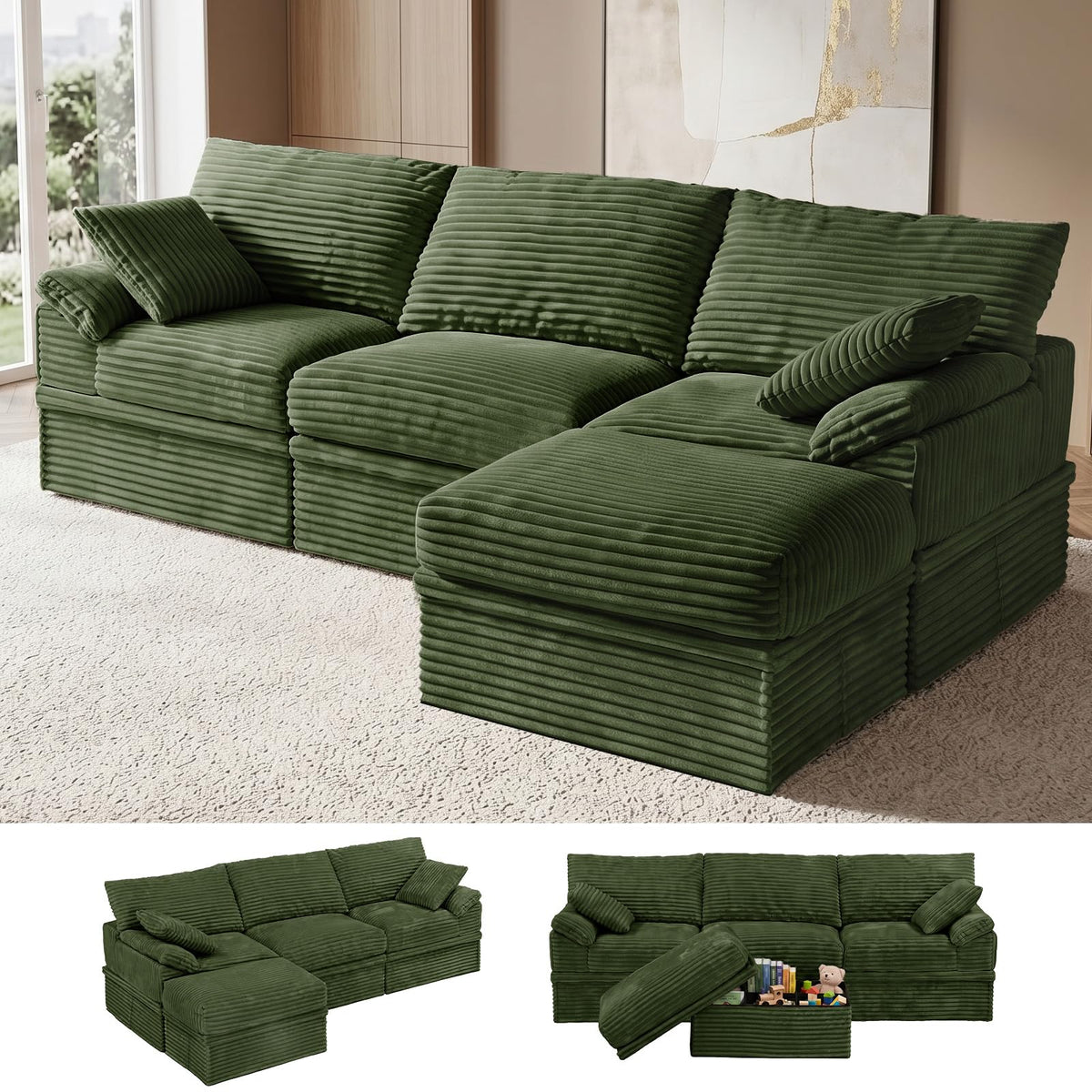 107'' Modular Sectional Sofa with Storage, L-Shaped Boneless Couch