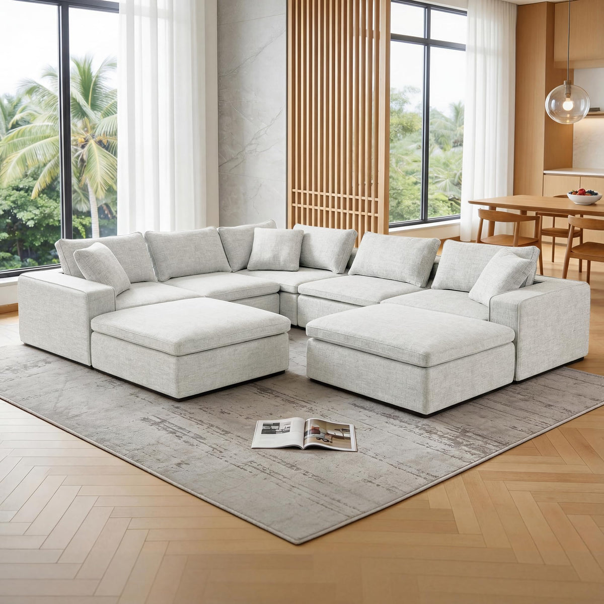 131" Cloud Modular Sofa, Oversized Sectional Couch with Washable Linen Fabric Covers, Large L-Shaped Deep Seat Sofa with Ottoman,7 Seater Down Filled Convertible Furniture for Living Room (Beige)