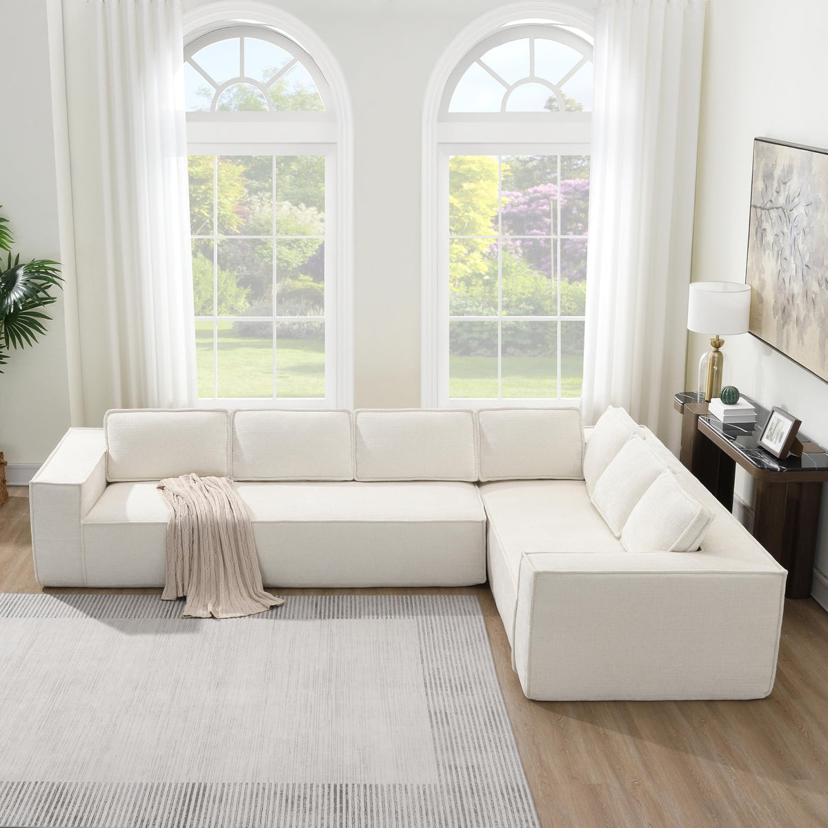 130" Ultra-Thick Chenille Modern Minimalist Style Modular Sectional Couch, Convertible Modular Cloud Sleeper Sofag, Modern Boneless Compressed Floor Sectional Sofa for Living Room, Beige
