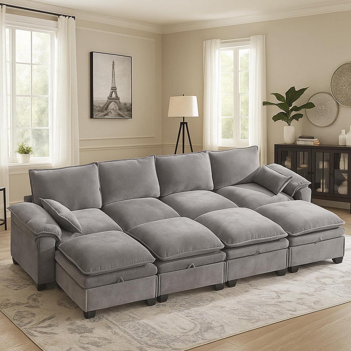 130" Modular Sectional Sofa with Storage, Premium Chenille Cloud Couch with Movable Ottomans, 1200lbs Heavy Duty Deep Seat Sectional, High-Density Foam (Light Gray, 4 Seater & 4 Ottoman)