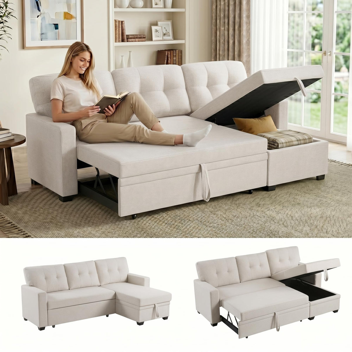 104.5" Sleeper Sectional Sofa Bed, L-Shaped Pull Out Couch