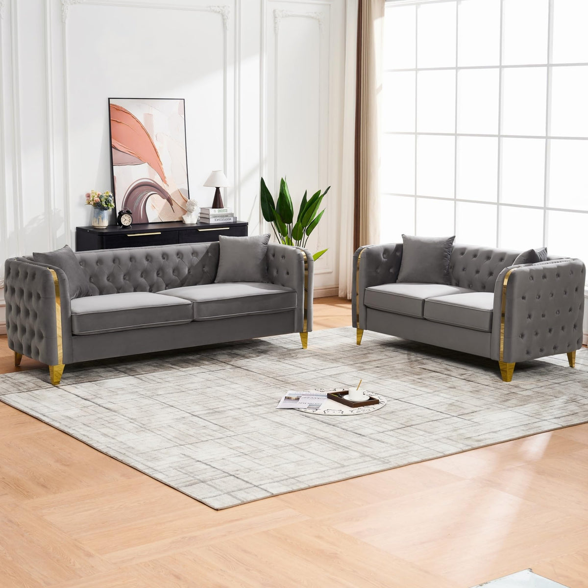 Velvet Chesterfield Sofa Set of 2, Mid Century Modern Deep Seat Loveseat + 3 Seater Couch with Golden Legs and Button Tufted, Upholstered Comfy Sofa with 2 Pillows for Living Room, Black Gold