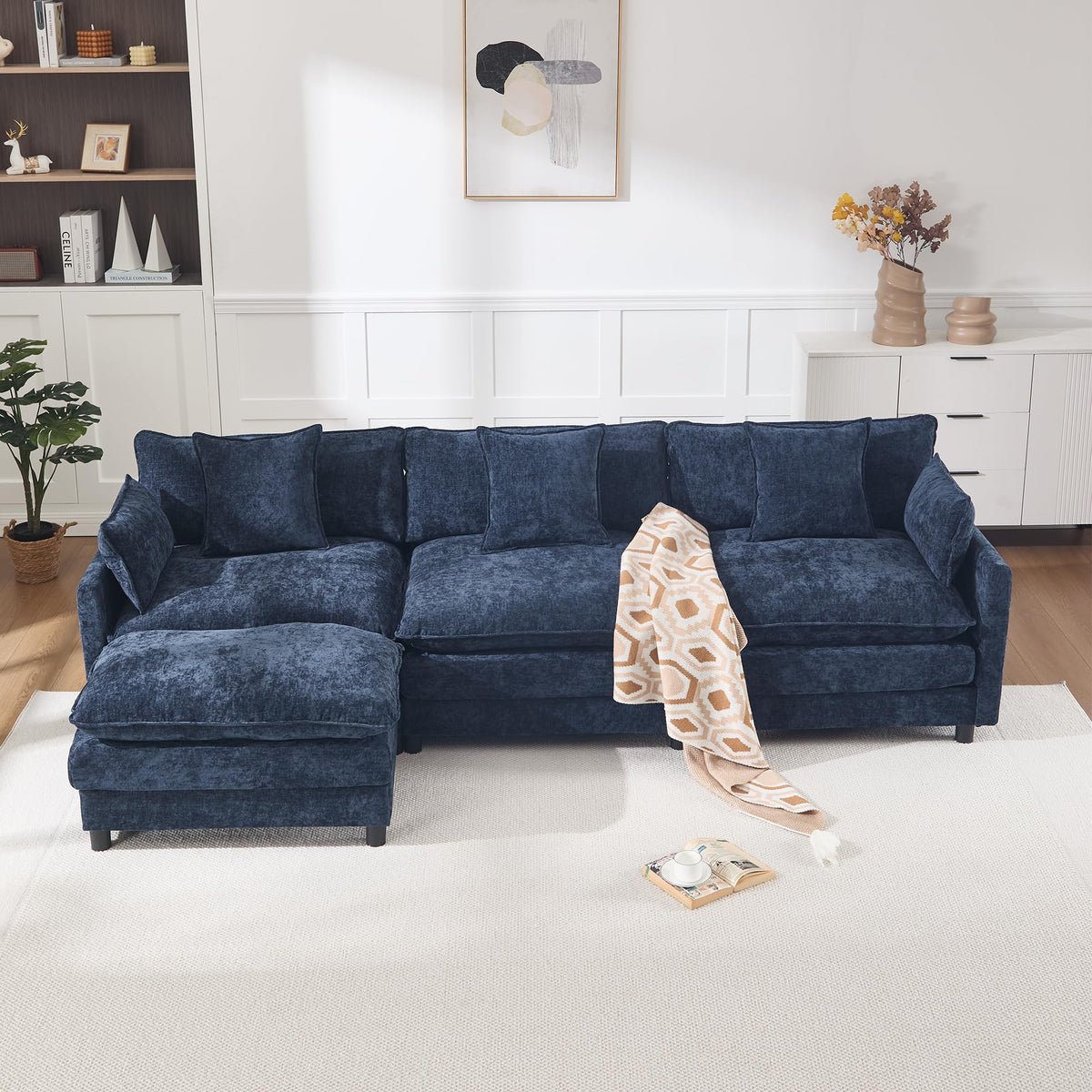 108" Modular Sectional Sofa, Comfy Cloud Couch with Ottoman, 3 Seater Couch with Pillow, Deep Seat Sectional Couches for Living Room, Bedroom and Apartment, Beige