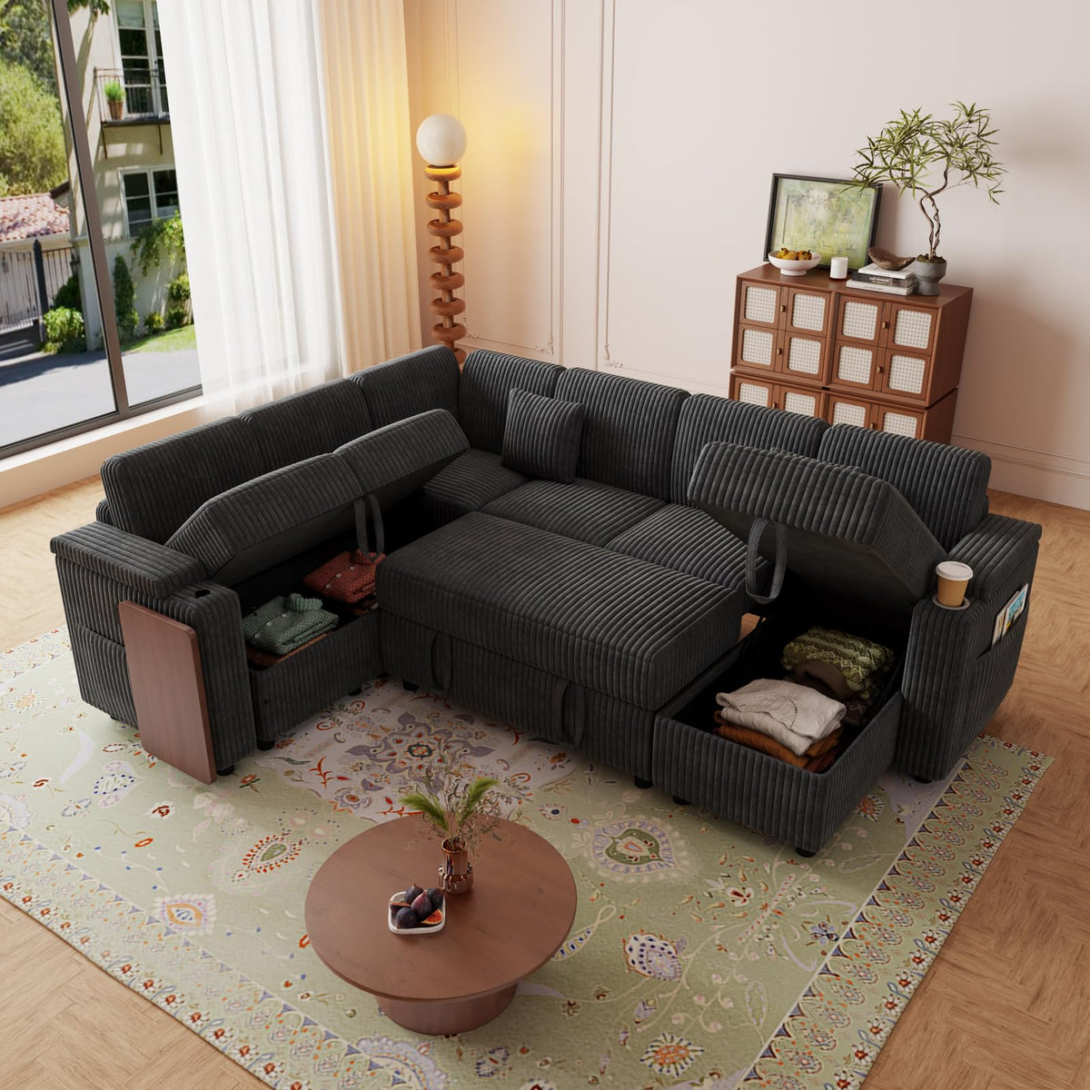100" Gray Modular Sectional Sleeper Sofa with Pull Out Bed
