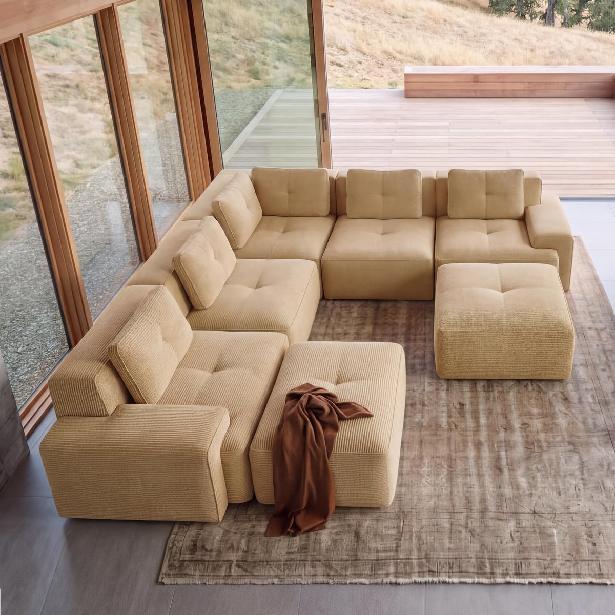 116" Boneless Corner Sectional Couch, 5 Seat Cloud Couches,Camel