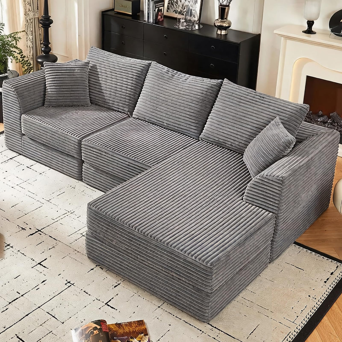 U Shaped Modular Sectional Couches for Living Room, 130" Cloud Modular Sectional Sofa Chaise, Fluffy Corduroy Couch with Deep Seat for Bedroom, No Assembly Required,Black