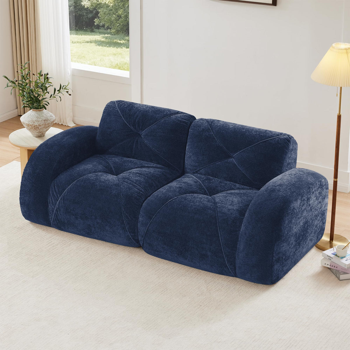 U-Shaped Boneless Sofa, Tufted 32d High Density Sponge Bottom, Anti-Slip Design, No Assembly Required, Free Combination, Movable Ottomans for Living Rooms, Home Theater, Blue