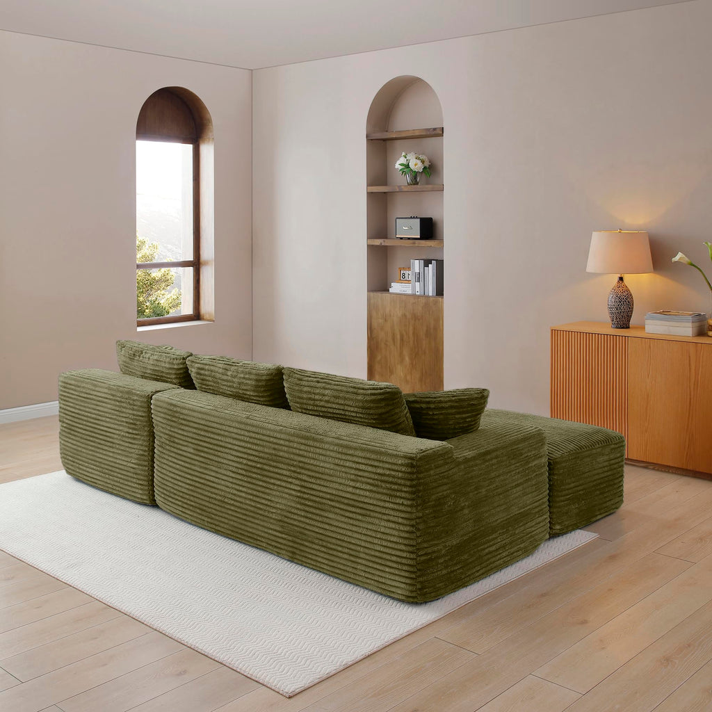 105" Grey, Modern L-Shaped Cloud Couch with Deep Seat & Chaise, Wrinkle-Resistant Corduroy Upholstered 3-Seat Cushion Back Sofa, for Living Room Bedroom (Green, 3, Left Hand)
