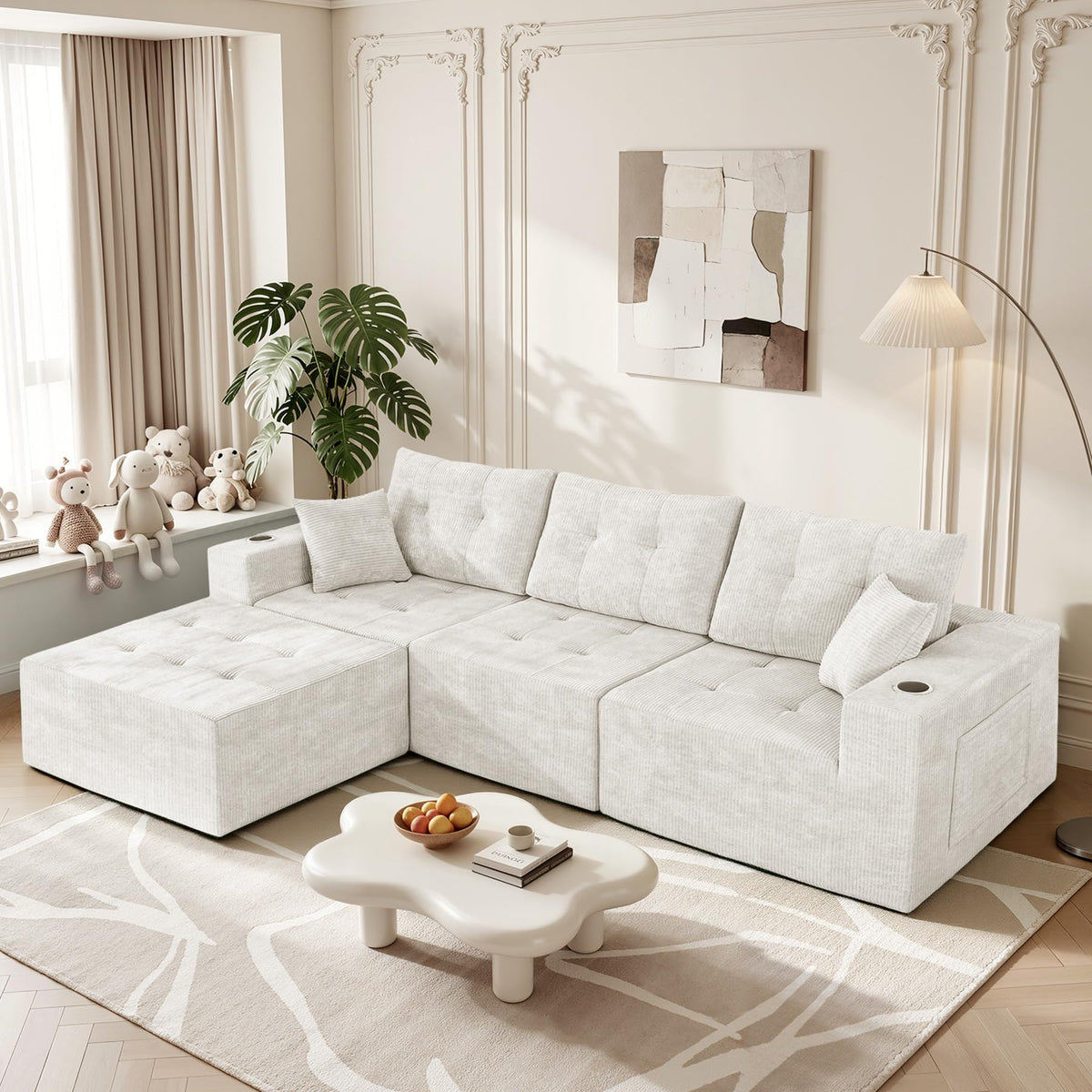 113" Boneless Modular Sectional Sofa, L-Shape Couch, 4-Seat Gray Corduroy