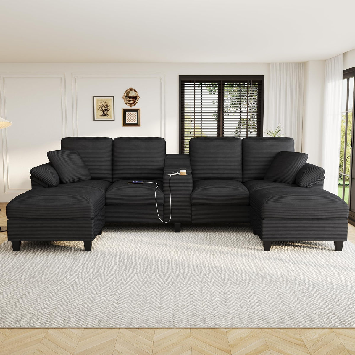 119*67" U Shaped Sectional Sofa,6 Seat Chenille Corner Couch Set with Oversized Chaise Lounge,Irregular Corner, Deep and Wide Seat Comfy Sofa with Cup Holders for Living Room,Apartment (Beige-V33)