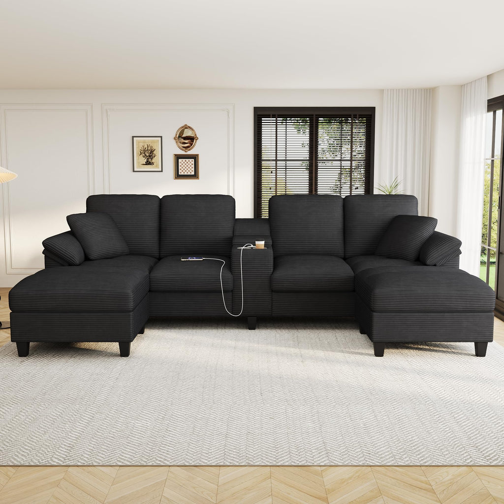 120.3" L-Shaped Sectional Sofa with Storage Ottoman, Oversized Comfy Couch with USB Port, Side Storage, Cup Holder & 360°Swivel Drop-Down Table, Sectional Couches for Living Room (Gray, 120.3")