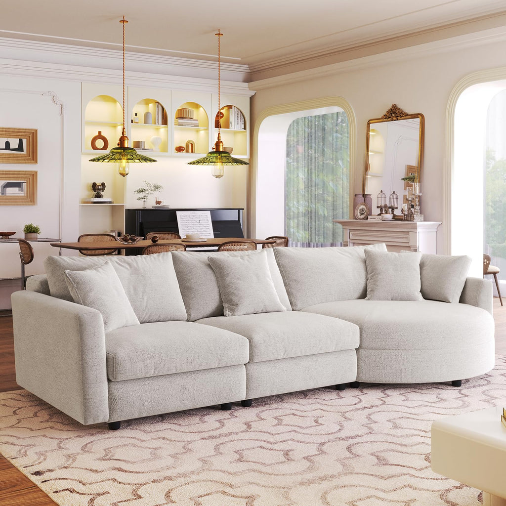 107" 3-Piece Chenille Sectional Sofa with Curved Chaise, Solid Pine Wood Frame & Compressed Foam Cushions, Modern L-Shaped Couch for Living Room/Office, Includes 3 Throw Pillows, Easy Assembly