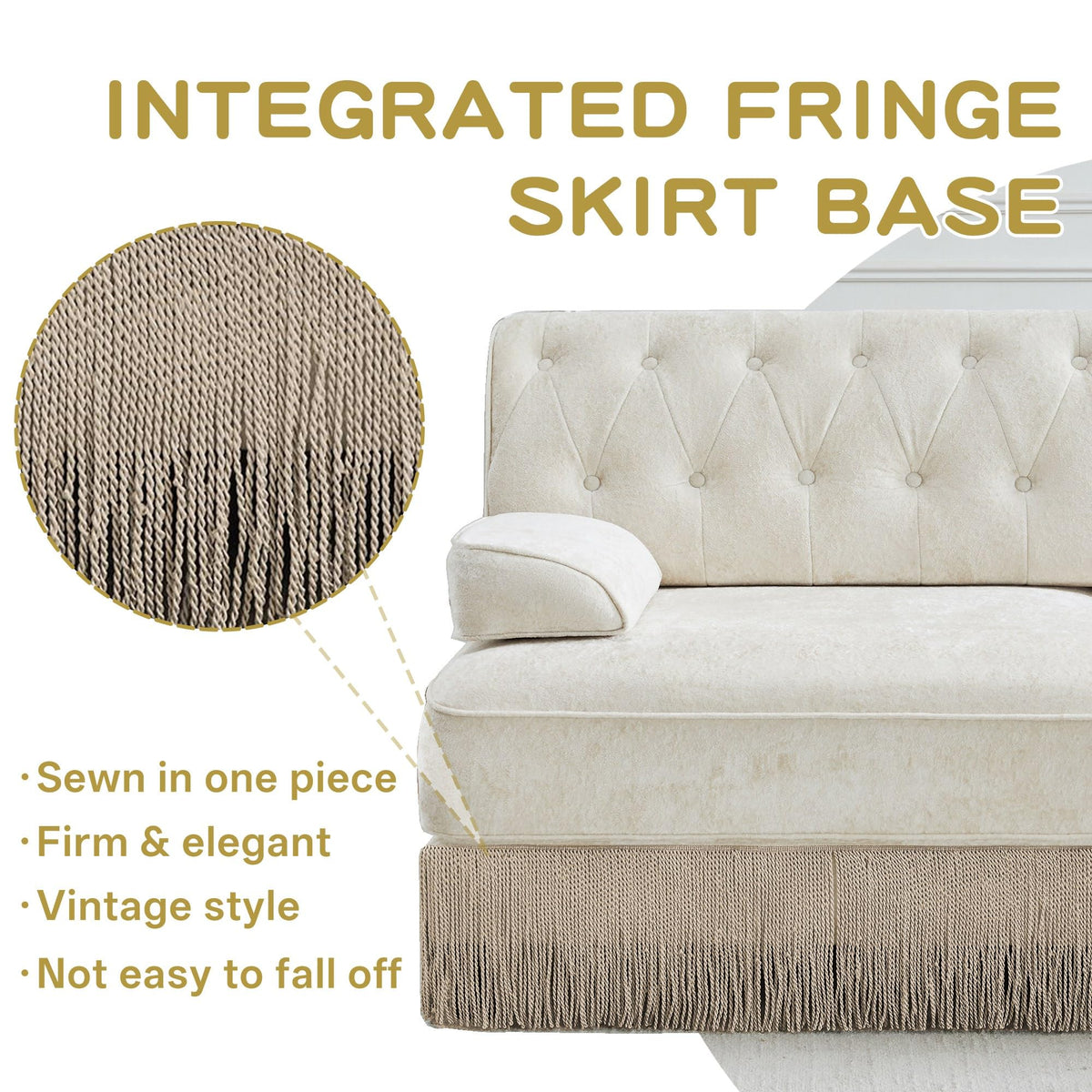 Unique Chesterfield Style Modular Sectional Sofa, 135.6” L-shaped Boneless Sofa with Velvet Fabric, Floor-grazing Tassel Fringe Skirt and Button Tufted Design for Living Room, Easy to Assemble, Beige