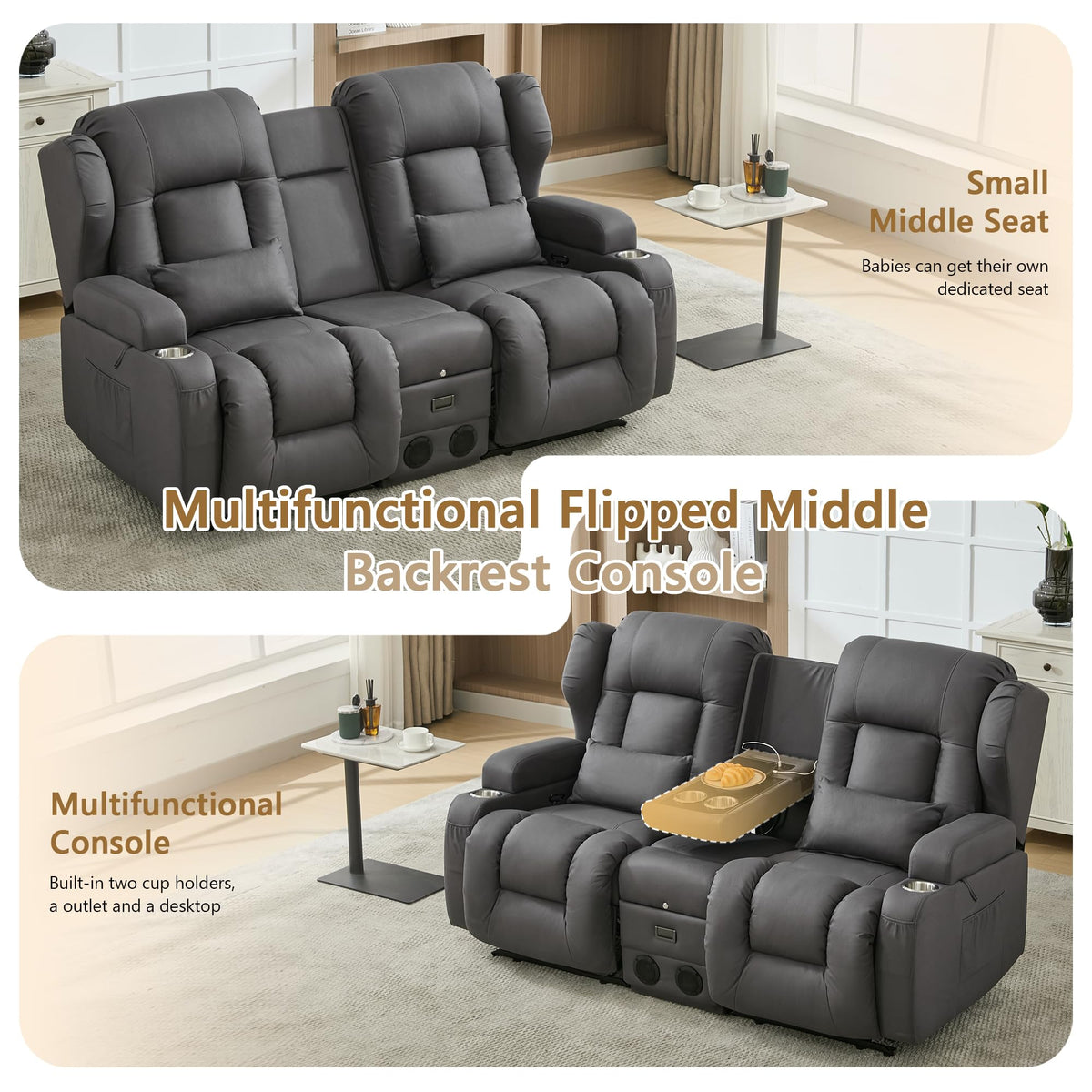 URRED Manual Loveseat Rocker Recliner Sofa with Console，Dark Gray