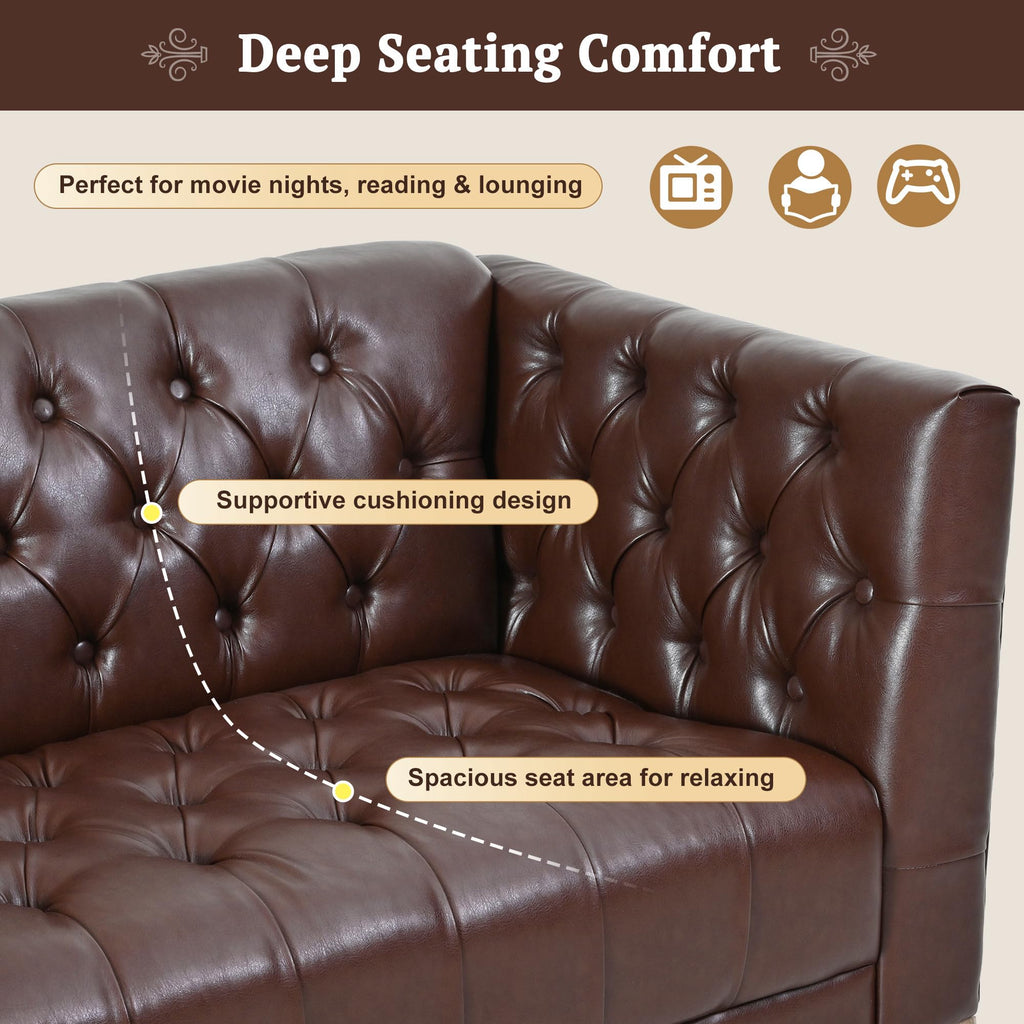 ZenithX 79.1" 3‑Seater Faux Leather Sofa, Mid‑Century Modern Chesterfield Couch with Button Tufted, PU Upholstery & Solid Pine Wood Legs, Vintage Sofa for Living Room, Apartment, Office