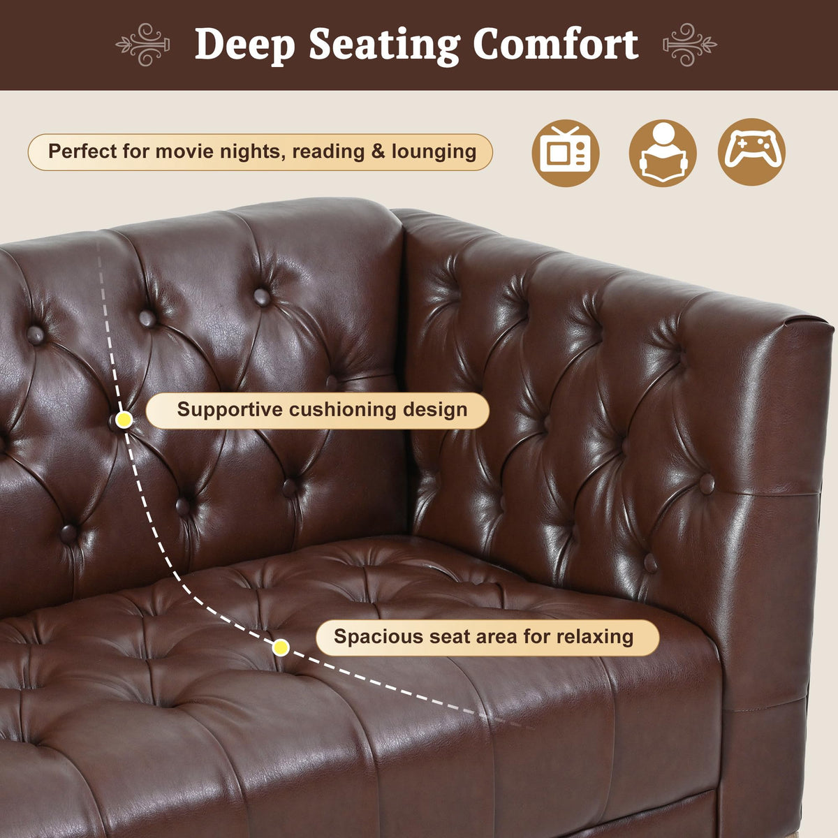 ZenithX 79.1" 3‑Seater Faux Leather Sofa, Mid‑Century Modern Chesterfield Couch with Button Tufted, PU Upholstery & Solid Pine Wood Legs, Vintage Sofa for Living Room, Apartment, Office
