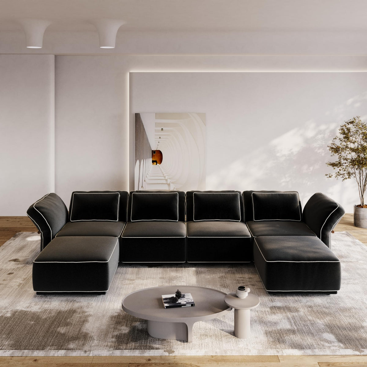 128'' Modular Sectional Sofa, 3 Seater Modern Comfy Boucle Cloud Couch, Oversized Comfy Deep Seat Couches for Living Room, Bedroom, Apartment, Black