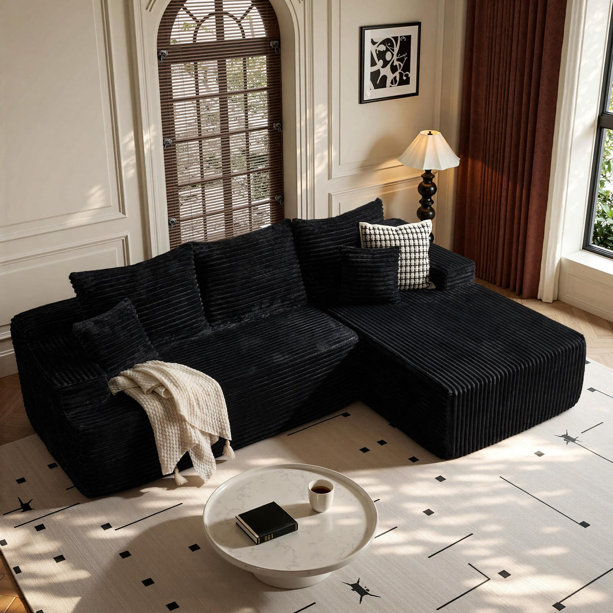 104" L-Shape Modular Sectional Sofa Couch,Comfy Upholstered Cloud Couch for Living Room,Modern Minimalist Couches,Deep Seat,No Assembly Required (Black,Plush Corduroy, Right Facing Chaise w/Ottoman)