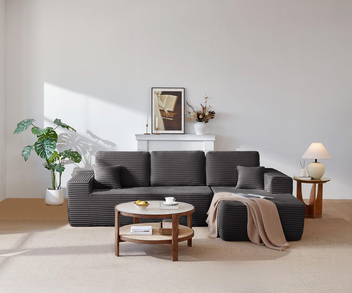 105" Cloud Sectional Couch with L Shape Chaise,Modular Sofa with Deep Seat, Upholstered Couches for Living Room Bedroom,No Assembly Required, (Plush Corduroy Fabric),Grey