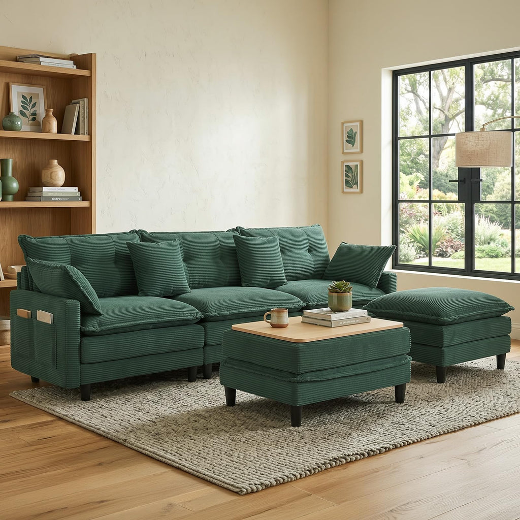 107.3'' Oversized Cloud Couch L Shaped Modular Sectional Sofa, Premier Comfy Corduroy Couch with Ottoman, Modern 3 Deep Seat Sectional Couches for Living Room, Solid Wood Frame&Spring,Tool-Free Green