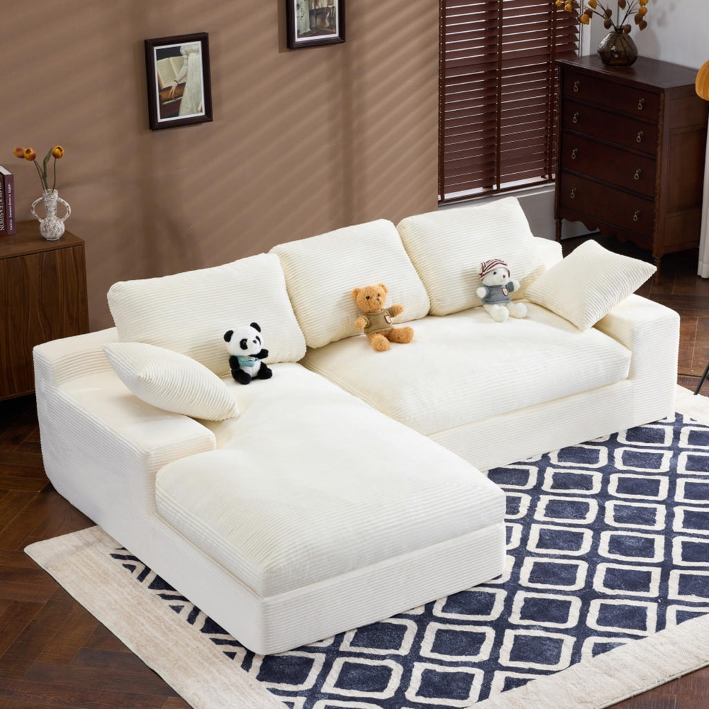 White corduroy compressed sofa. It has a soft and skin-friendly sitting feel, adding a healing atmosphere to the warm living room. It comes with 3 back cushions and 2 throw pillows. (Green)