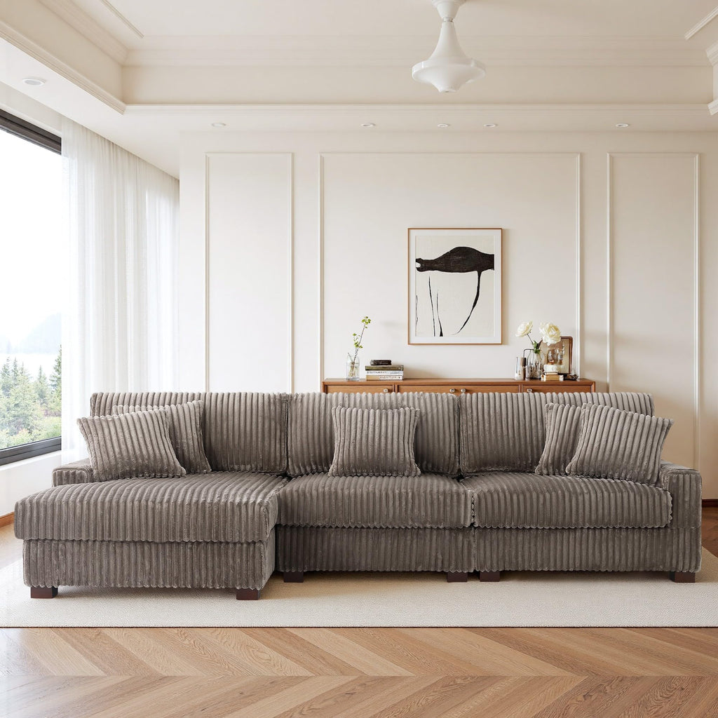 118.3" L-Shaped Modular Sectional Sofa with Chaise, Comfy Corduroy Fluffy Couch with Deep Seat, Flexible Module Combination for Living Room, Cotton Flannel Light Brown