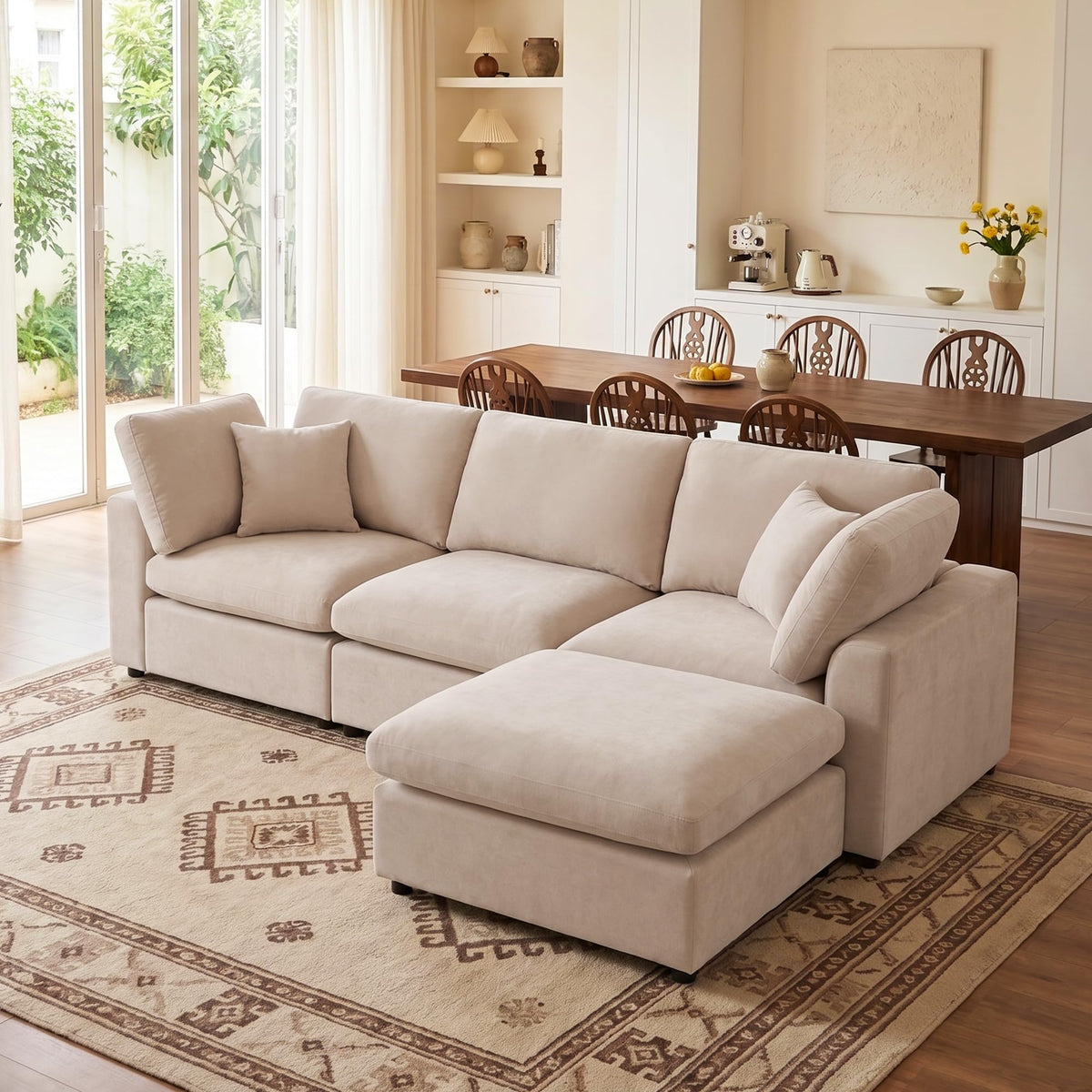 129.3" Oversized Modular Sectional Couch, Cloud U Shaped Couch with Movable Ottoman, Comfy Large 7 Seat Corner Couches for Living Room, Apartment, Beige