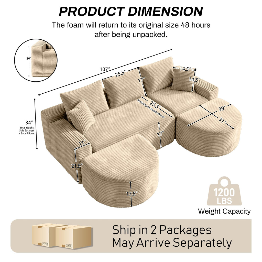 107" U-Shaped Modular Boneless Sectional Sofa with Curved 2 Ottomans, Camel