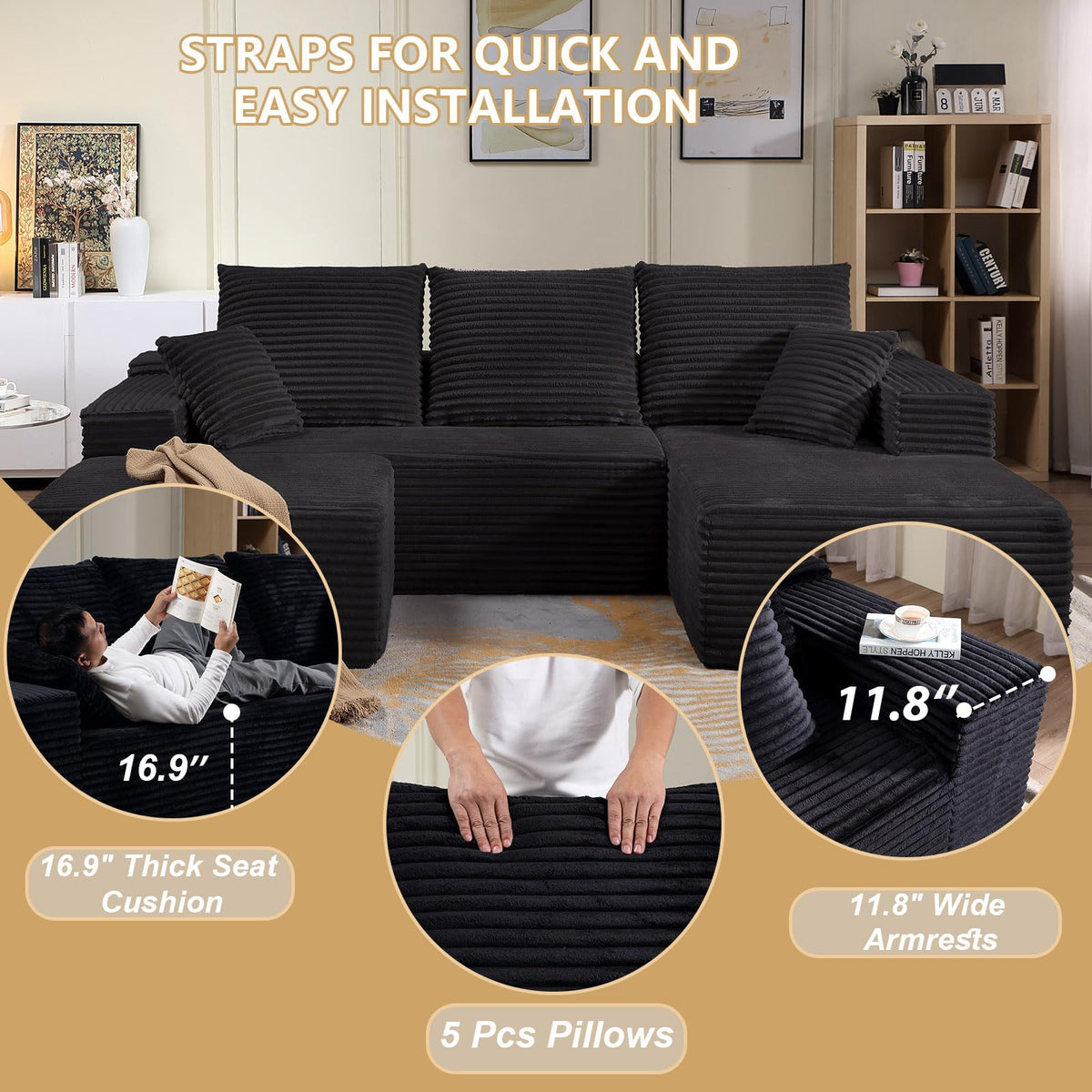 107" Corduroy Modular Sectional Sofa with Ottoman,Modern U-Shaped Cloud Couch with Deep Seat,Comfy 3-Seater Sofa for Living Room,No Assembly (Black,Right-Facing Chaise)