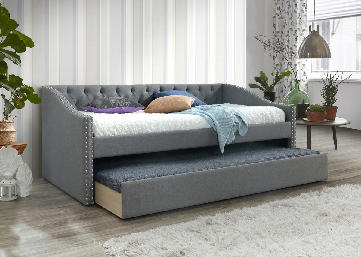 Versatile Daybed with Pull-Out Trundle, Textured Fabric Upholstery
